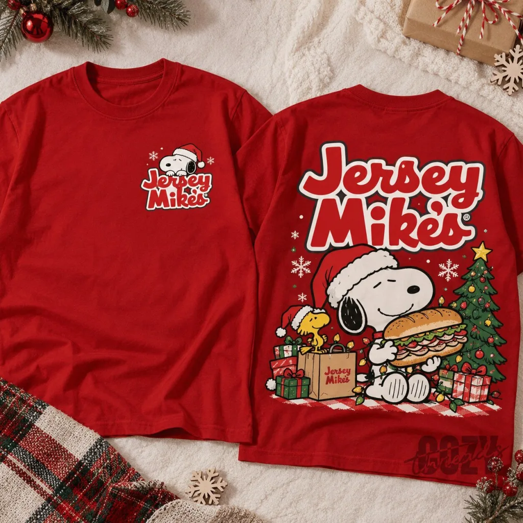 Winter T-Shirt Featuring Jersey Mike's Christmas Tree with Snoopy and Woodstock Winter T-Shirt Featuring Jersey Mike's Christmas Tree with Snoopy and Woodstock