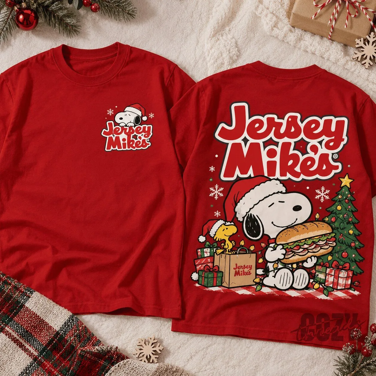 Winter T-Shirt Featuring Jersey Mike's Christmas Tree with Snoopy and Woodstock
