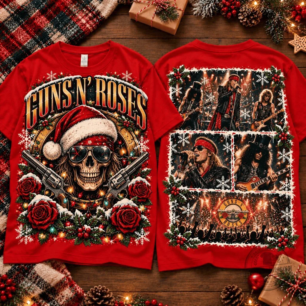 Guns N' Roses Christmas Skull Santa Hat Rock Band Holiday Graphic T-Shirt Guns N' Roses Christmas Skull Santa Hat Rock Band Holiday Graphic T-Shirt
