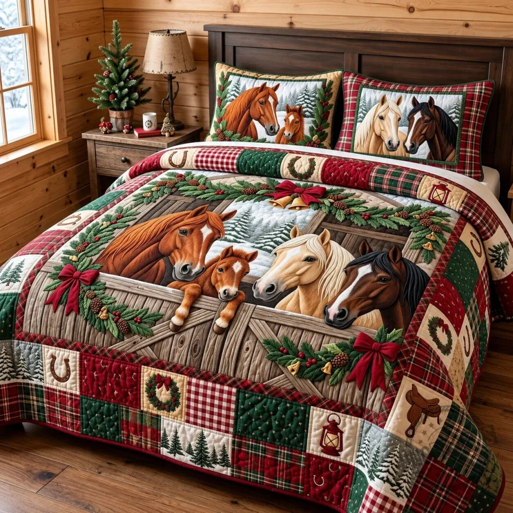 Christmas Horse Family Snowy Stable Quilted Bedding Set Christmas Horse Family Snowy Stable Quilted Bedding Set