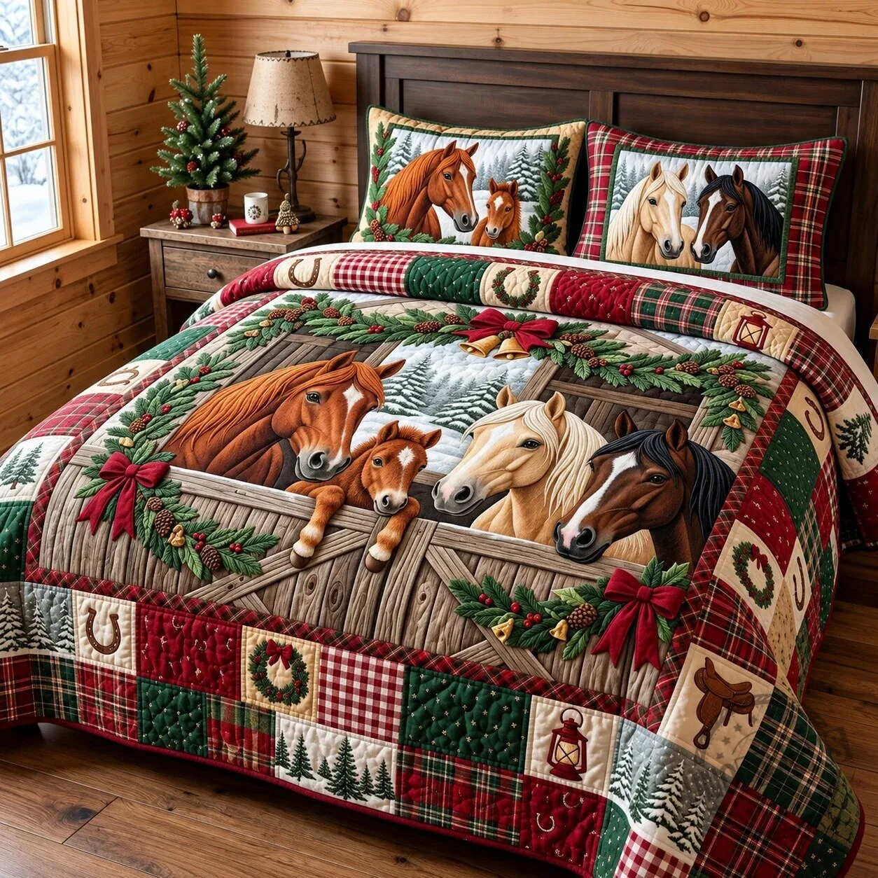Christmas Horse Family Snowy Stable Quilted Bedding Set 5 Christmas Horse Family Snowy Stable Quilted Bedding Set