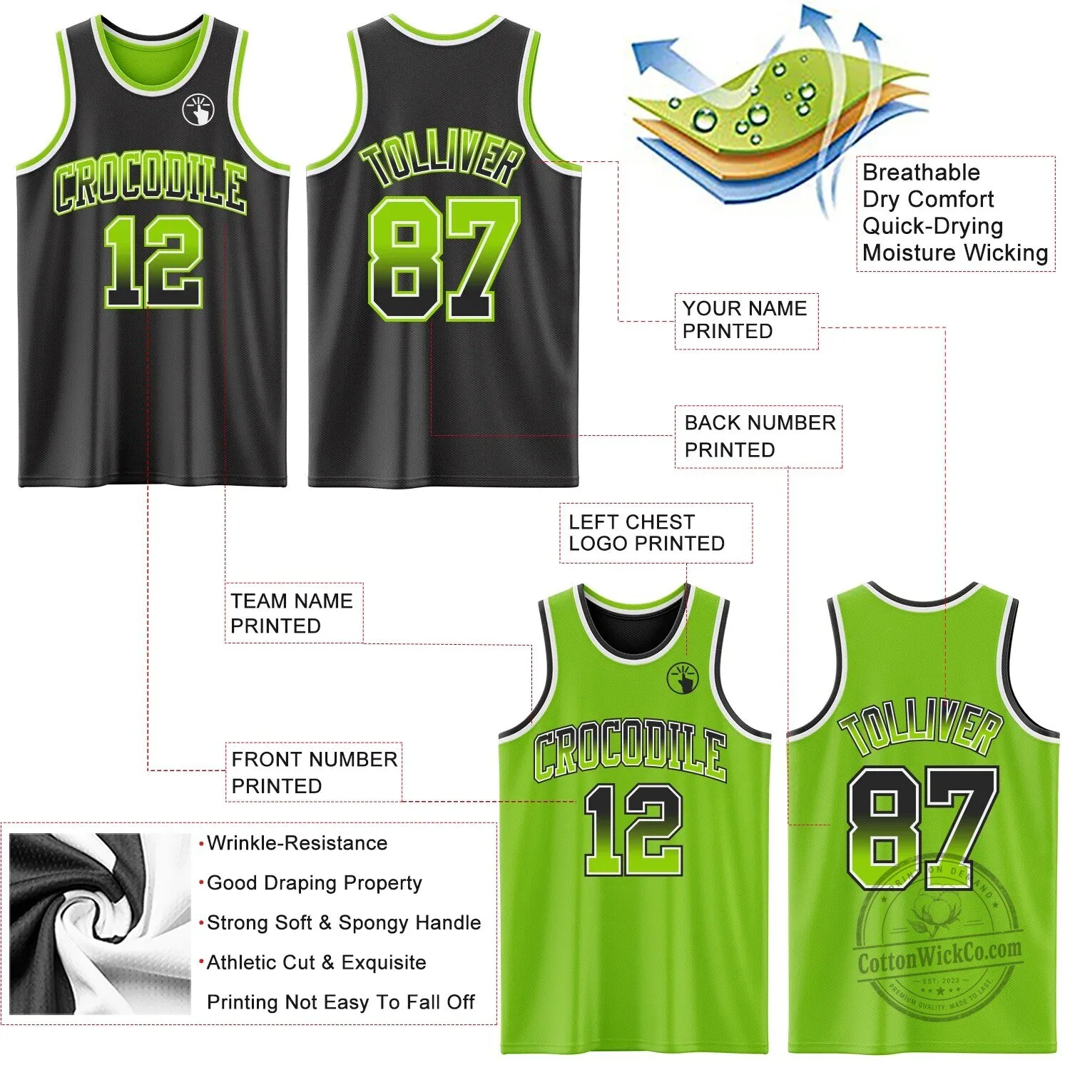 Custom Black Neon Green Reversible Basketball Jersey with Team Name and Number 11 Custom Black Neon Green Reversible Basketball Jersey with Team Name and Number