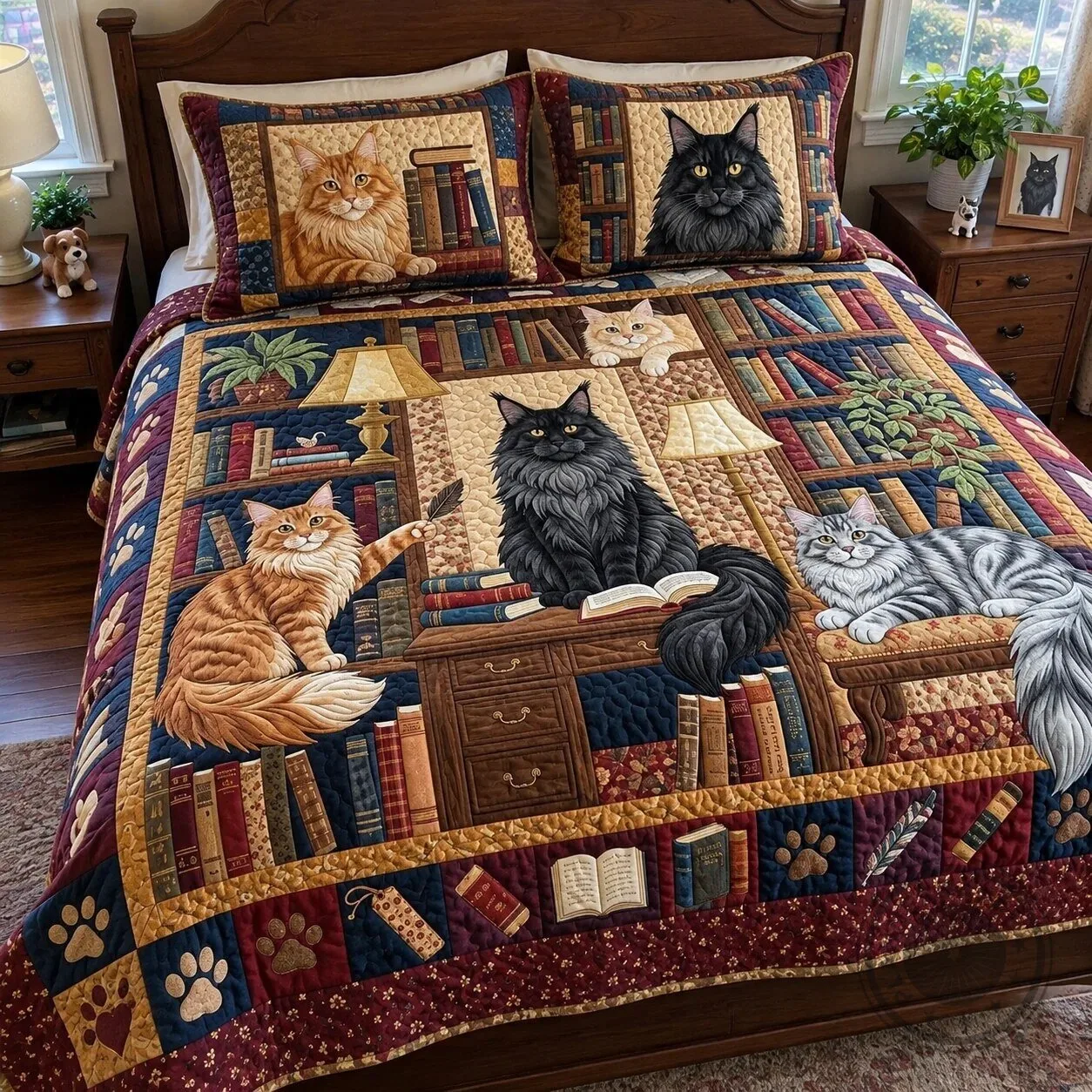 Maine Coon Cats Library Club Quilted Bedding Set with Pillow Shams 5 Maine Coon Cats Library Club Quilted Bedding Set with Pillow Shams