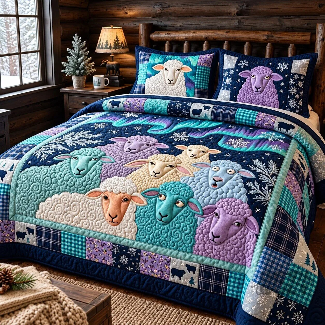 Colorful Sheep Northern Lights Quilted Bedding Set