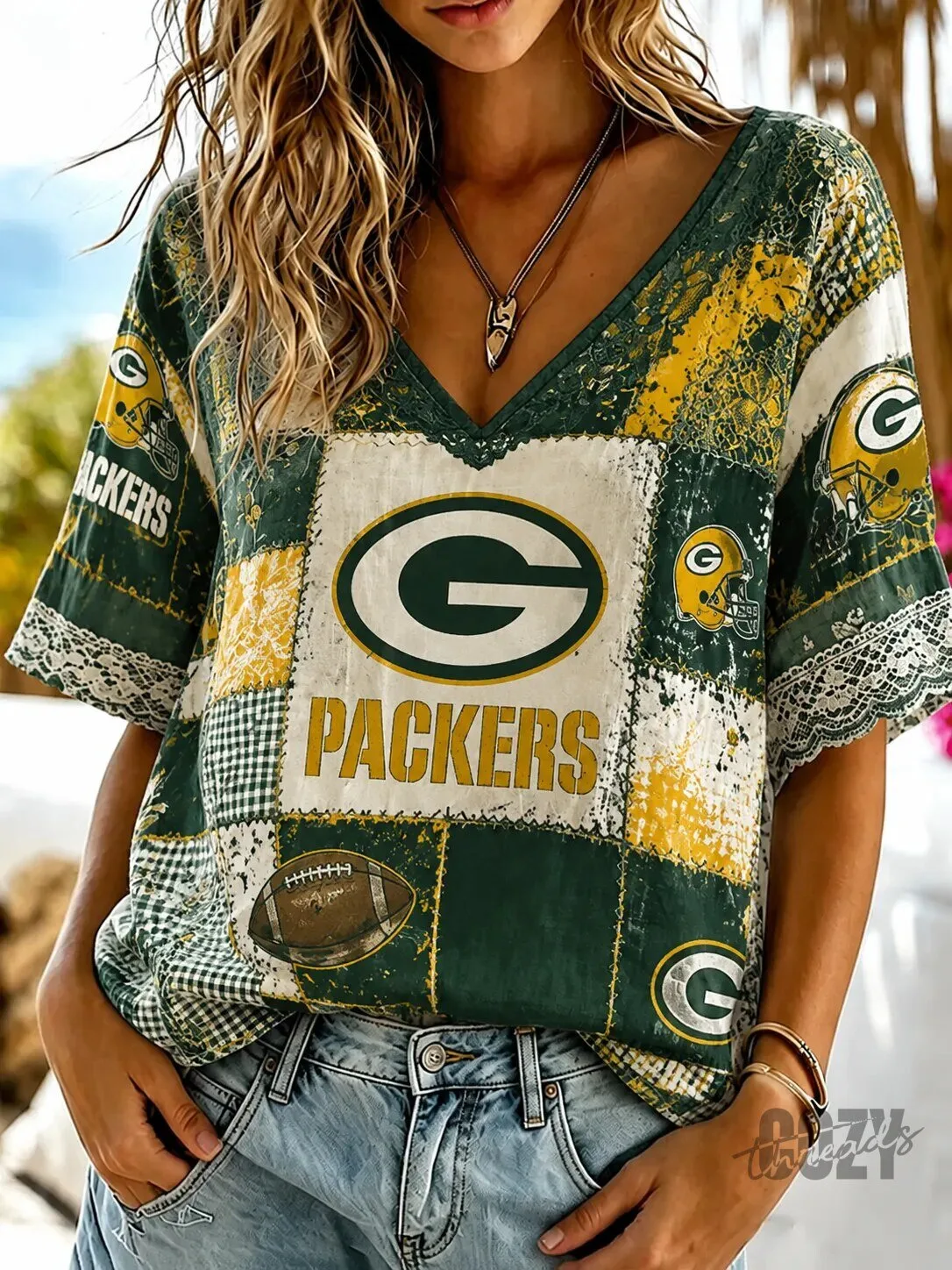 Green Bay Packers Women's Casual Football Patchwork V-Neck T-Shirt