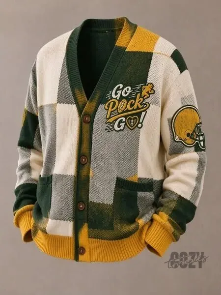 Green Bay Packers Football Team Checkered Knit Cardigan Sweater
