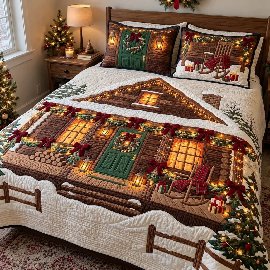 Christmas Cabin Porch Scene Quilted Bedding Set with Pillow Shams Christmas Cabin Porch Scene Quilted Bedding Set with Pillow Shams