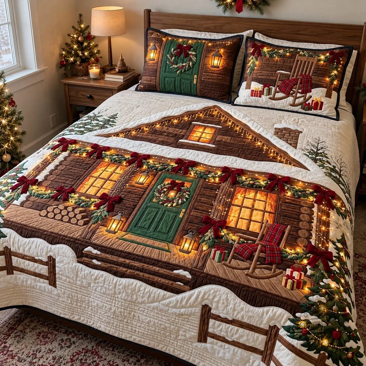 Christmas Cabin Porch Scene Quilted Bedding Set with Pillow Shams 5 Christmas Cabin Porch Scene Quilted Bedding Set with Pillow Shams