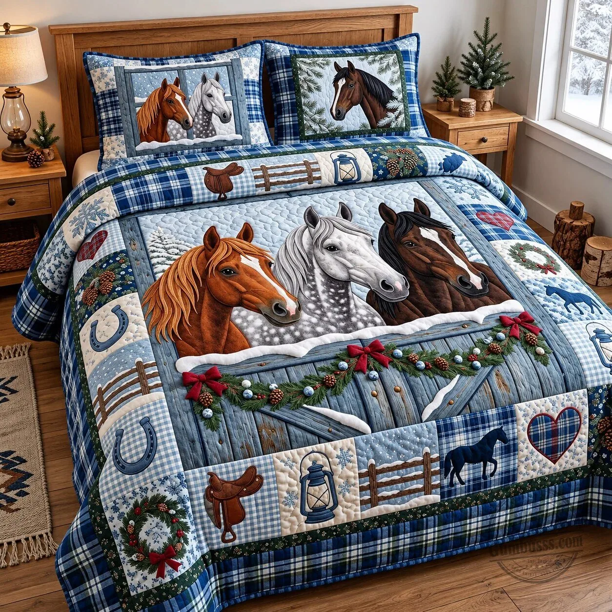 Winter Barn Horses Christmas Holiday Quilted Bedding Set with Two Pillow Shams