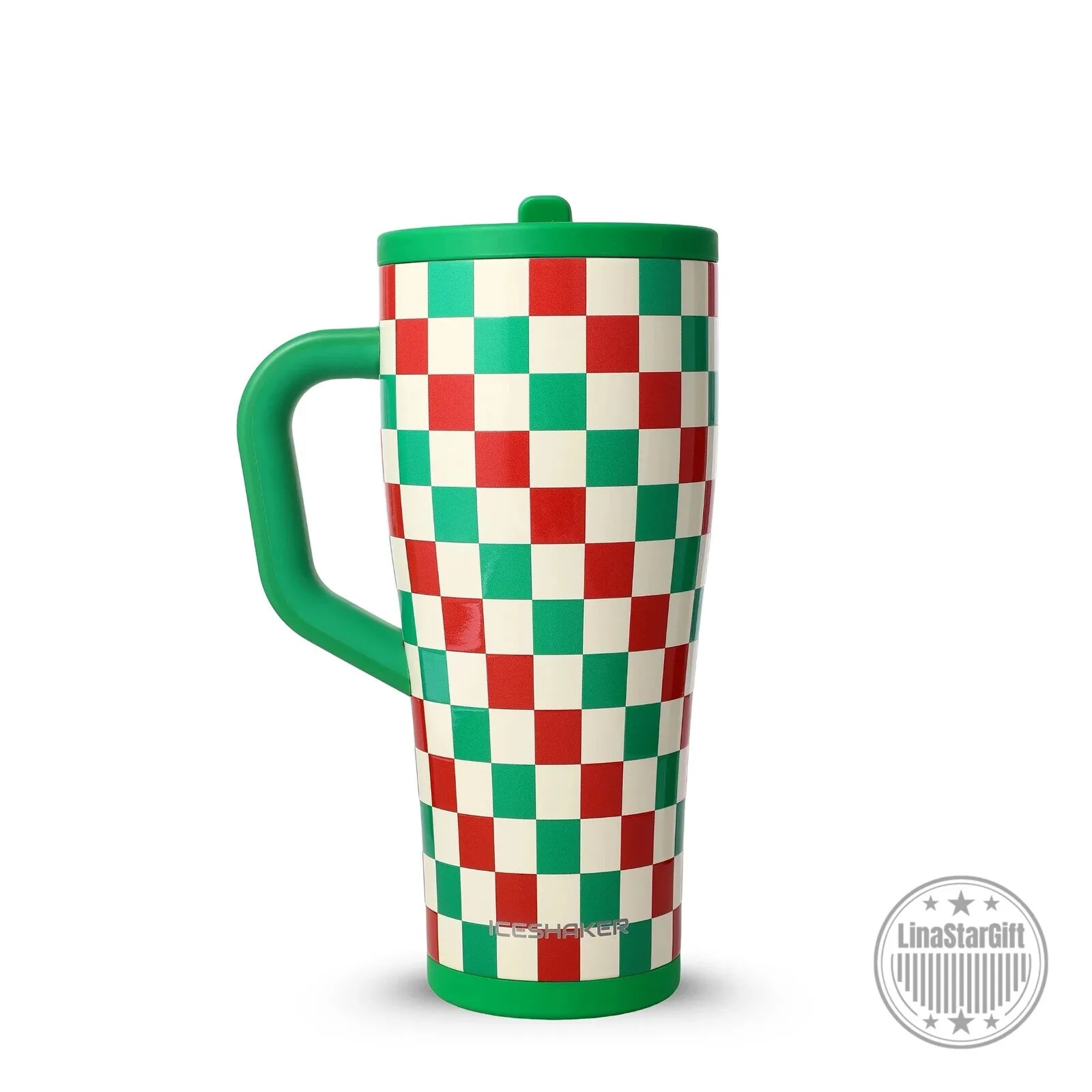 Christmas Red And Green Checkerboard Pattern Insulated Tumbler With Handle