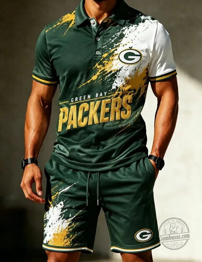 Green Bay Packers Football Team Fan Polo Shirt and Shorts Set