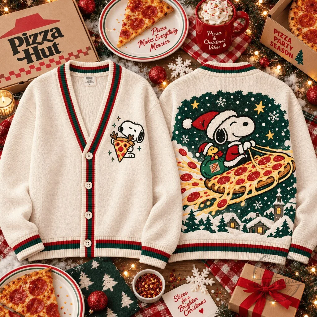 Snoopy Pizza Hut Christmas Holiday Cardigan Sweater for Adults Snoopy Pizza Hut Christmas Holiday Cardigan Sweater for Adults