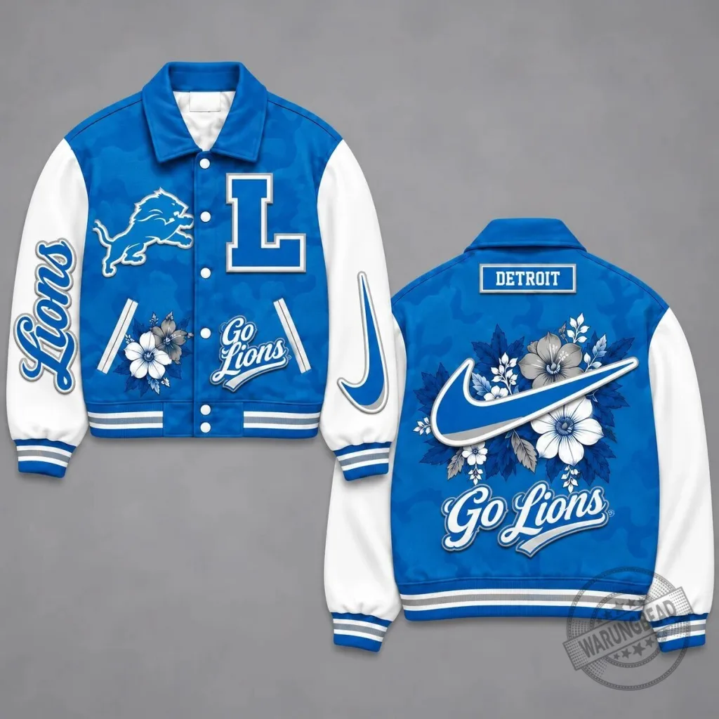 Detroit Lions NFL Floral Varsity Jacket with Nike Swoosh Design Detroit Lions NFL Floral Varsity Jacket with Nike Swoosh Design