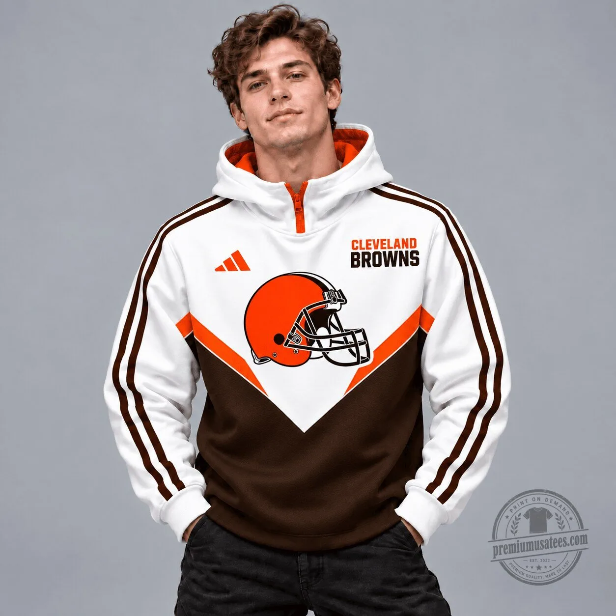 Cleveland Browns Football Team Colorblock White and Brown Hoodie