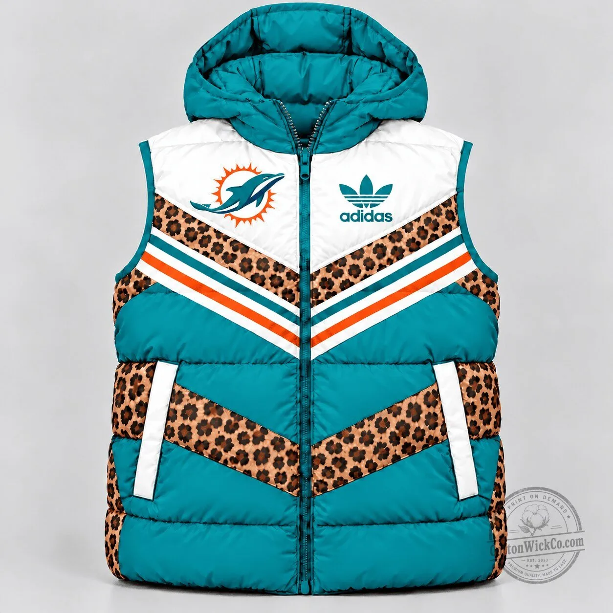 Miami Dolphins Adidas Leopard Print Hooded Puffer Vest for Women 1 Miami Dolphins Adidas Leopard Print Hooded Puffer Vest for Women