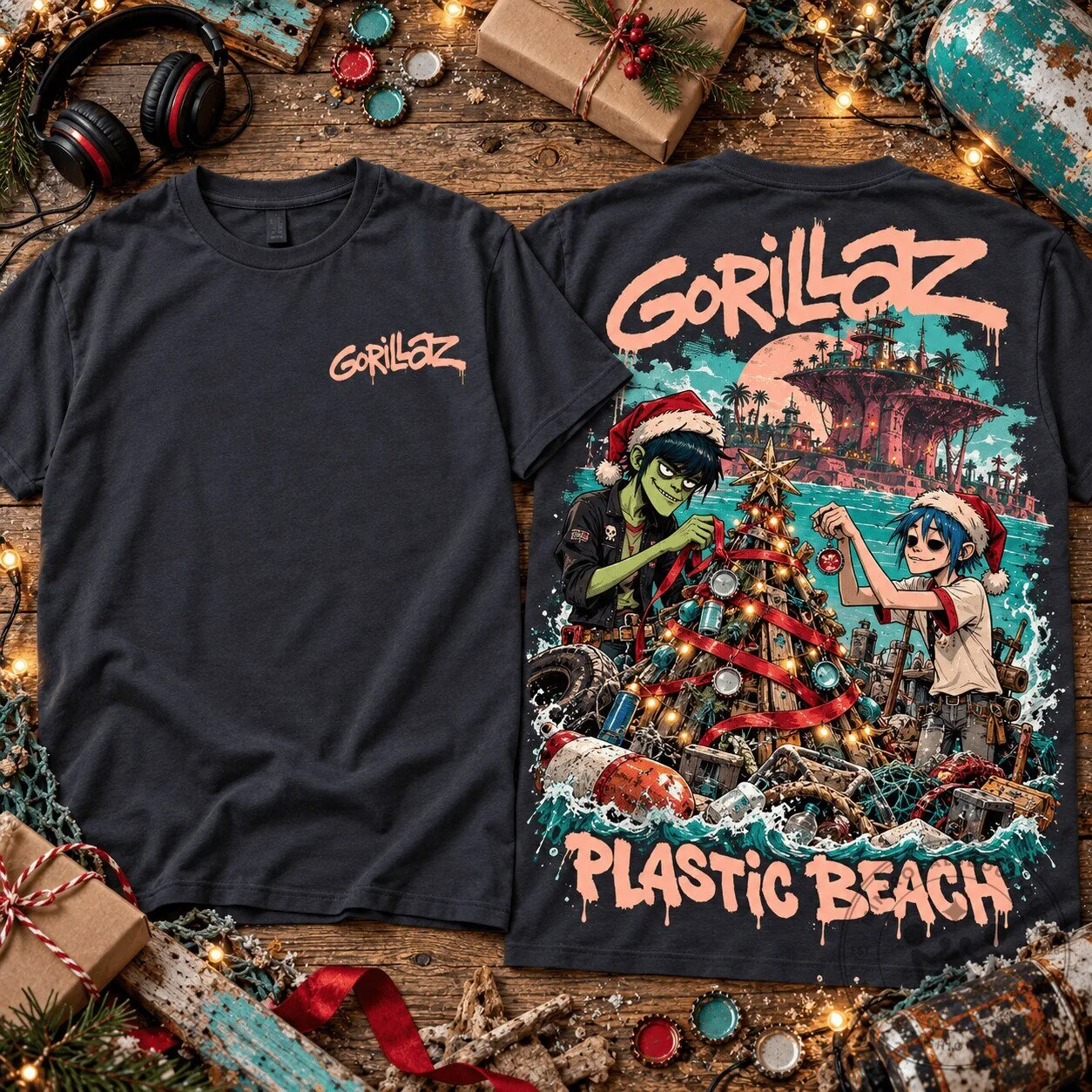 Gorillaz Plastic Beach Christmas Scene Holiday T-Shirt