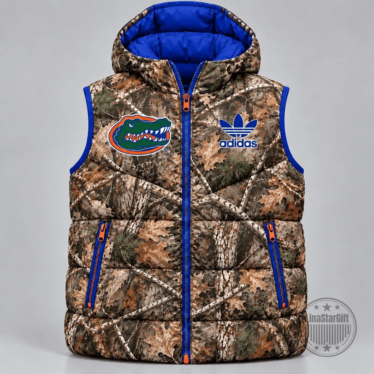 Florida Gators NCAA Camouflage Puffer Vest with Adidas Logo and Royal Blue Trim