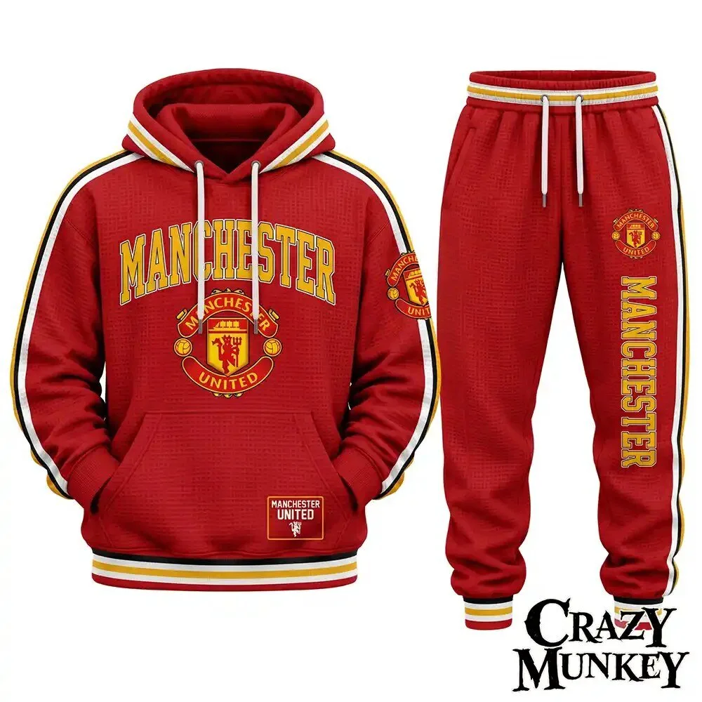 Manchester United Red Football Waffle Hoodie Sweatpants Set | Apparel