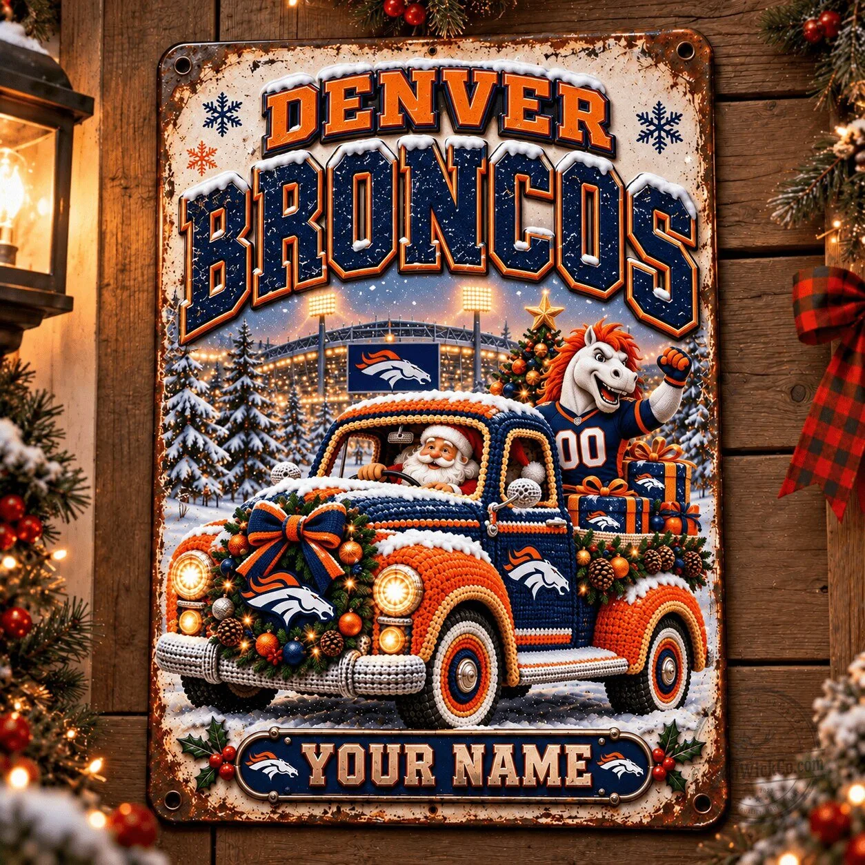 Denver Broncos Christmas Santa Claus Driving Truck Metal Sign