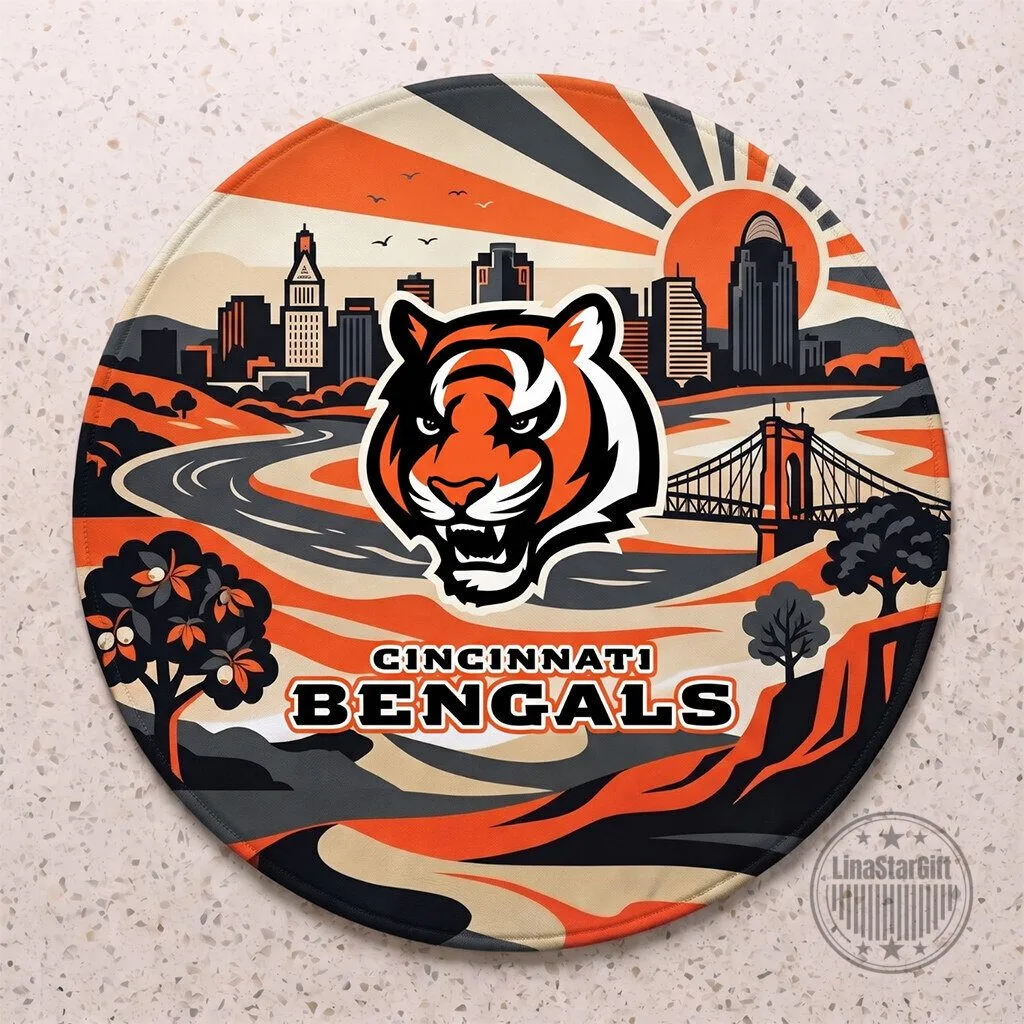 Cincinnati Bengals Football Team Cityscape Round Rug for Man Cave Decor 1 Cincinnati Bengals Football Team Cityscape Round Rug for Man Cave Decor