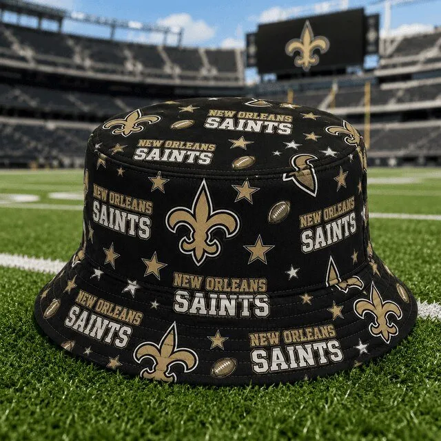 New Orleans Saints Black and Gold Fleur-de-lis Pattern Football Bucket Hat 1 New Orleans Saints Black and Gold Fleur-de-lis Pattern Football Bucket Hat